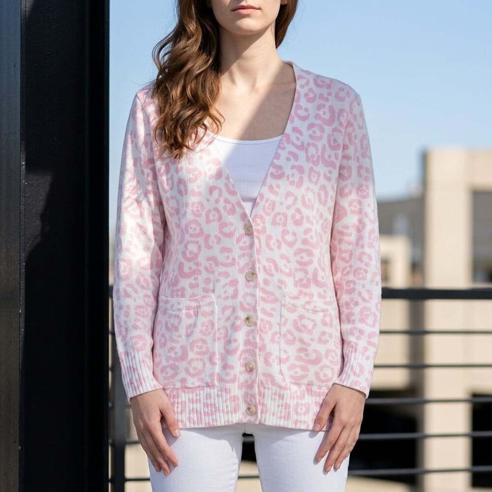 Impressions Great Minds Think Alike Pink Leopard Knit Cardigan